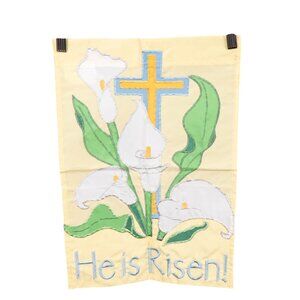 He is Risen Easter Garden Flag Cross Lillies 13x18 Christian Yellow Embroidered